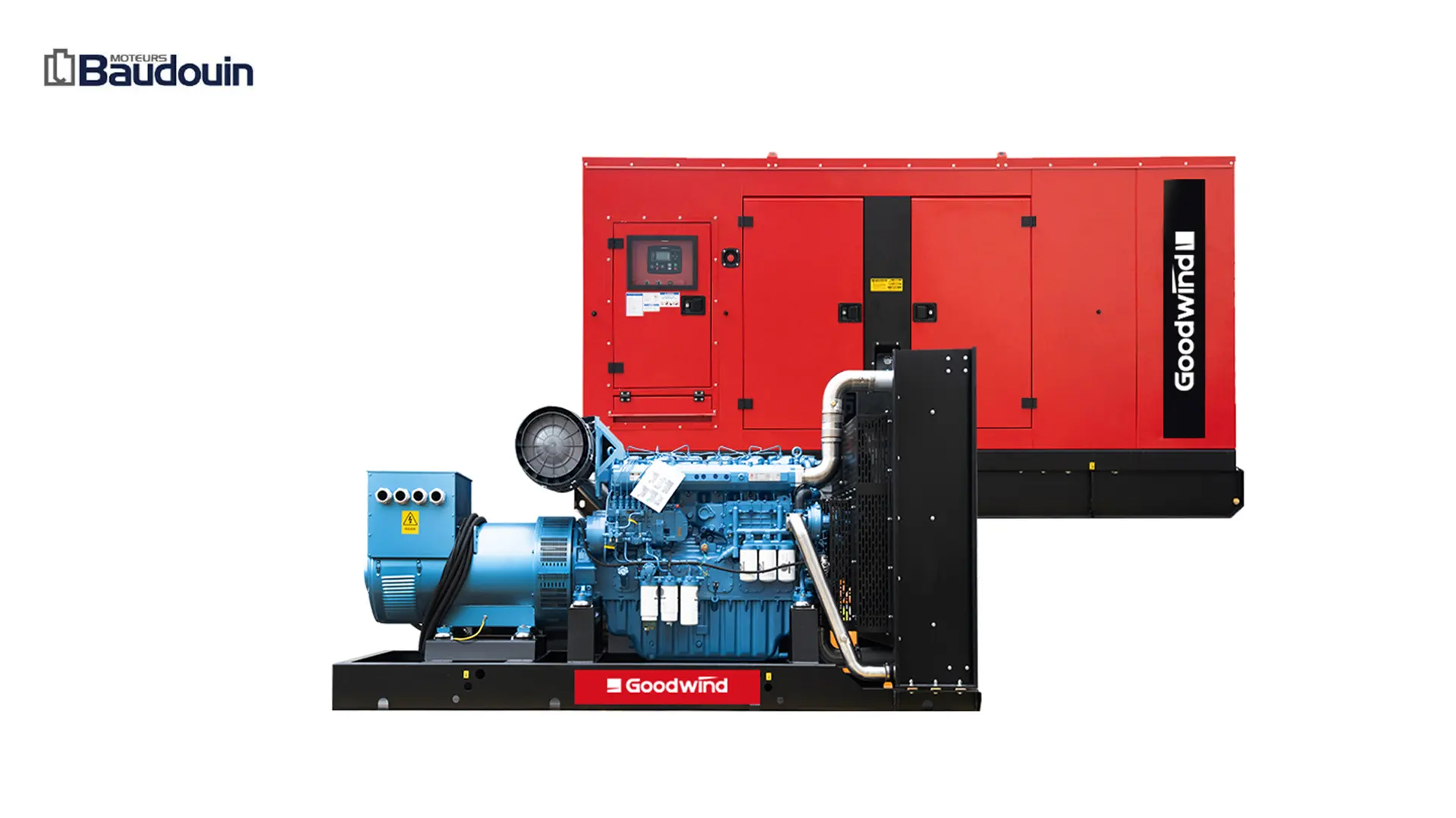 Goodwind Baudouin diesel generator set with red silent canopy
