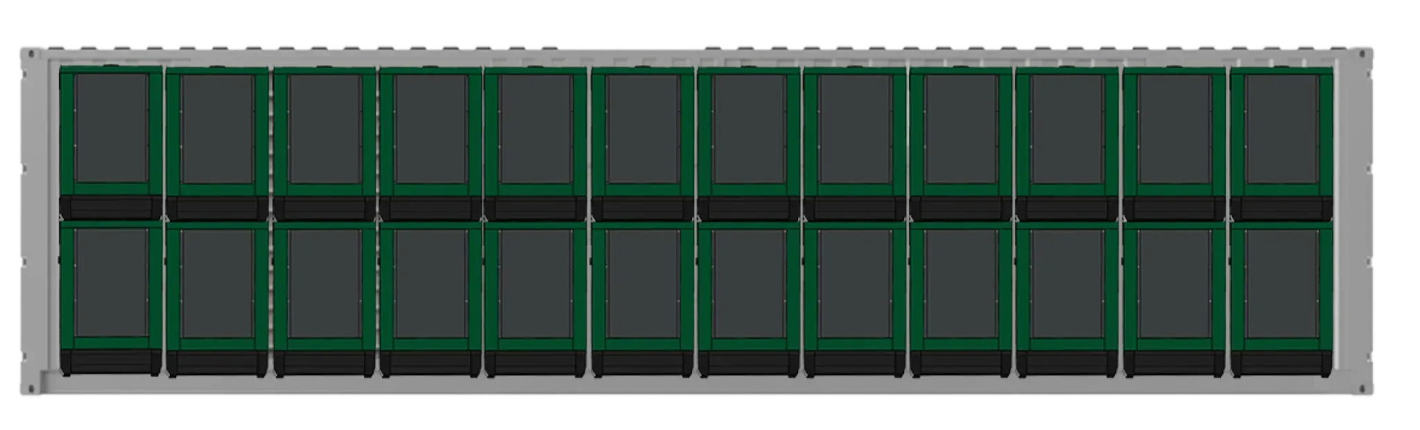 Front view of twenty-four Goodwind silent generator sets in a containerized generator system