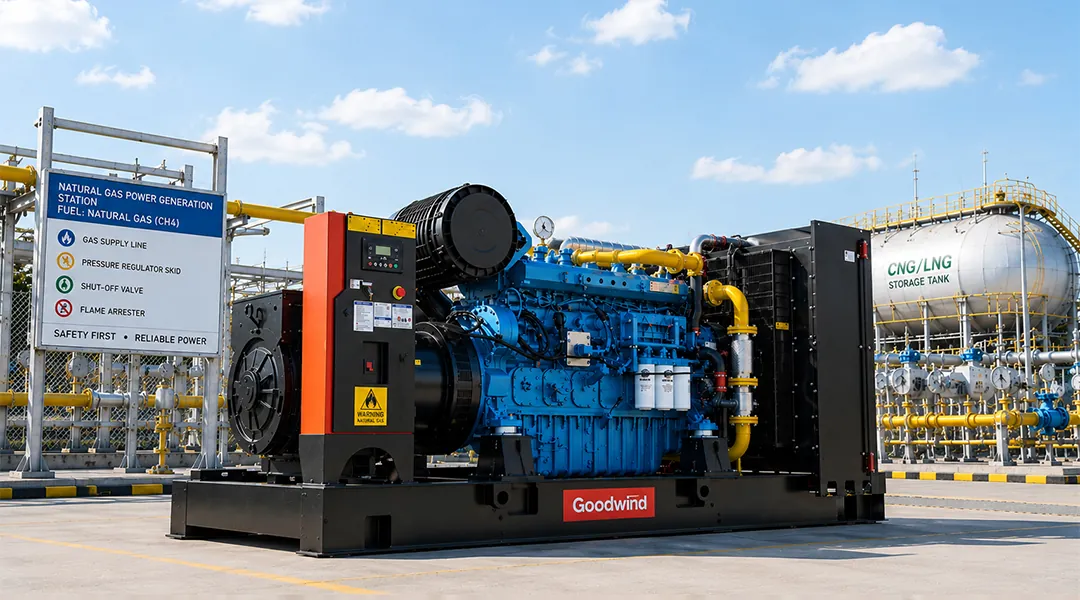 Goodwind gas generator set at construction site with excavator and truck