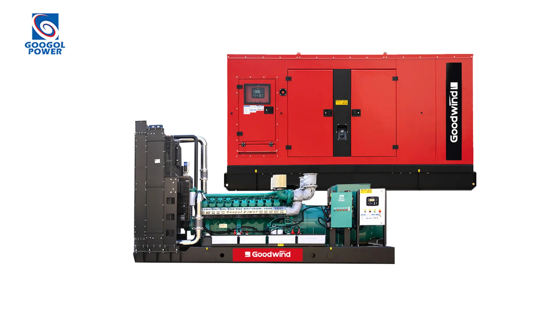 Goodwind Googol diesel generator set with red silent canopy