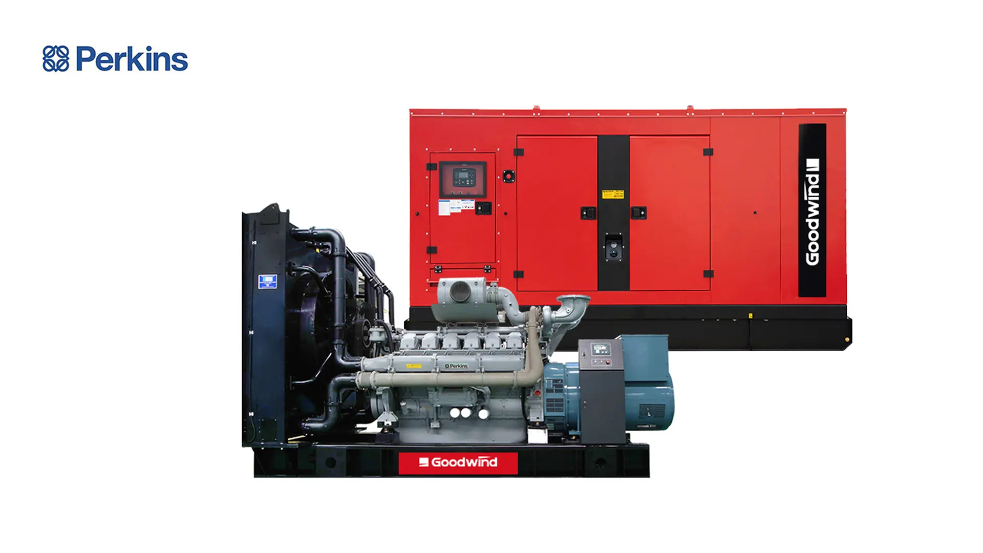 Goodwind Perkins diesel generator set with red silent canopy